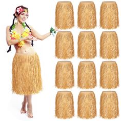 a woman wearing a hula skirt with flowers on her head and six different ways to wear it