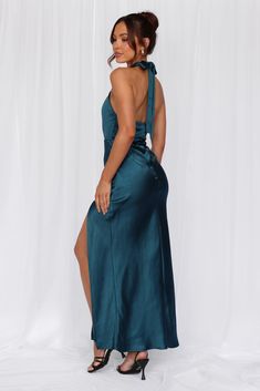 Length from top of bust to hem of size S: 128cm. 
 Chest: 38cm, Waist: 30cm, across front only of size S. 
 Maxi dress. 
 Lined. 
 Model is a standard XS and is wearing size XS. 
 True to size. 
 Non-stretch. 
 Luxurious satin. 
 Halter neck tie. 
 Elastic back. 
 Split to skirt. 
 Straight, flowy silhouette. 
 Zipper with hook eye closure.  
 Cold hand wash only. 
 Polyester. 
 This material is very delicate. Please handle with care. 
 Please Note: This product is a Exclusive.  
 
 Step into a Dress Pro, Candy Dress, Skirt Straight, Maxi Dress Wedding, Satin Maxi, Satin Maxi Dress, Skirt Design, Shop Maxi Dresses, Hook Eye