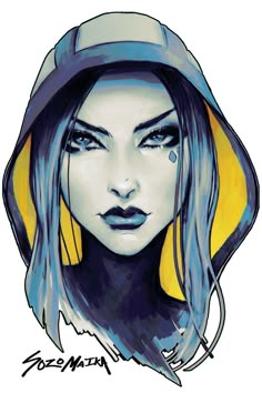 a drawing of a woman with blue hair and yellow hoodie on her head, looking at the camera