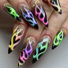 Best Stiletto Nails Designs, Ideas and Tips for 2023 #naildesignsjournal #nails #nailart #naildesigns #frenchnails #coffinnails #almondnails #ombrenails #gelnails #acrylicnails #nailpolish #nailideas #pointynails #stilettonails #stilettos Rainbow Stiletto Nails, Cosmic Nails, Nails Designs Ideas, Flame Nails, Flame Nail Art, Rainbow Nails Design, Witchy Nails, Pointy Nails, Stiletto Nails Designs