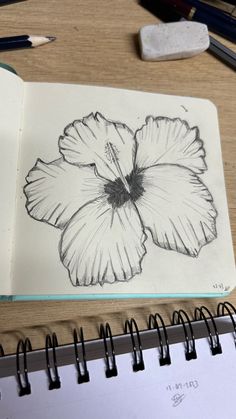 an open notebook with a drawing of a flower on the cover and pencils next to it