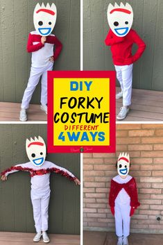 four different pictures of a boy wearing a red and white costume with the words diy forky costume 4 ways