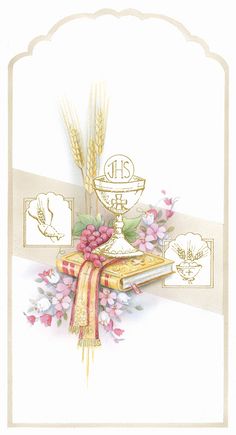 a card with flowers and a chalice on it