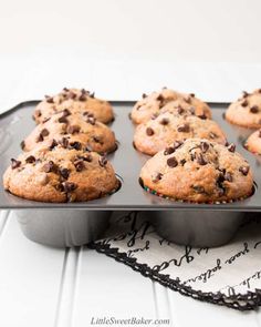 chocolate chip muffins in a pan on a table