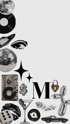 an advertisement with various objects and the word mm on it's back ground, in black and white