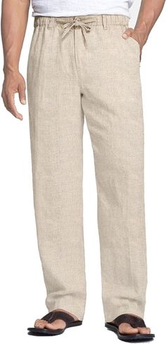 COOFANDY Men's Linen Cotton Pants Drawstring Waist Modern Waistband Trousers (Khaki, L) at Amazon Men’s Clothing store Cotton Pants Men, Linen Beach Pants, Casual Linen Pants, Linen Drawstring Pants, Casual Summer Pants, Cotton Linen Pants, Pants Elastic Waist, Mens Linen