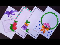 four cards with different designs on them and one has a purple ribbon around the edges