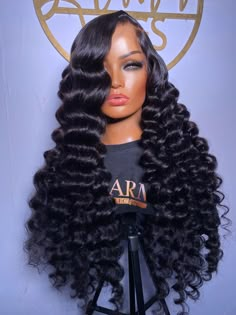 Femme /fam/ [noun] Women This is a 30” 6x6 HD closure deep wave wig made with 4 full bundles styled with wand curls. This glueless wig is made using an adjustable cap with straps in a natural black color. All wigs are human hair wigs made with 100% Virgin hair. Wig comes glueless, bleached, plucked, styled, and ready to wear. Turnaround time: 7-21 business days Shipping time: 1-3 business days " Wand Curled Hair, Wand Curls On Deep Wave Hair, Big Curls Wig, Bratz Hairstyles, Wig Videos, Sewin Hairstyles, Candied Grapes, Queen Sugar, Body Wave Hair Extensions