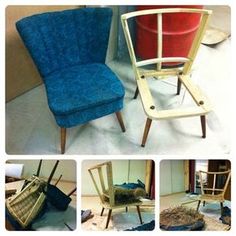 several pictures of different chairs in various stages of construction