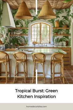 Tropical-themed kitchen with green leaf wallpaper, wicker bar stools, and pendant lights.