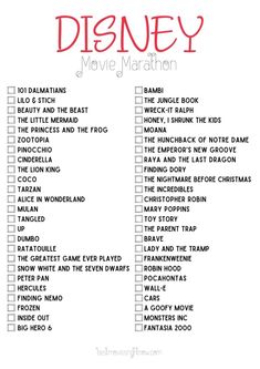 the disney movie marathon list is shown in red, white and black with words on it