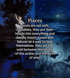 three different pictures with the words pisces and zodiacs written in black on them