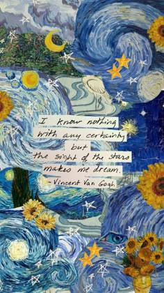 a painting with words written on it and sunflowers in the sky above water