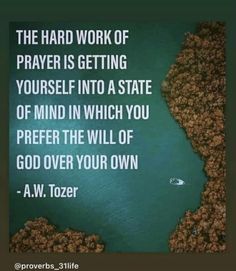 a quote from a pastor about the hard work of prayer is getting yourself into a state of mind in which you prefer the will of god over your own