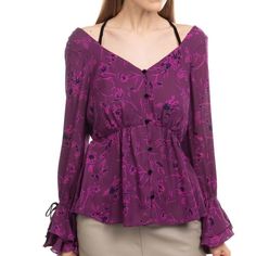 Size: Xs Type: Blouse Brand: Cinq A Sept Model: Mabel Style: Blouse Colour: Purple Lining: 100% Polyester Accents: Bell Cuffs / Partly Lined / Strappy Closure: Button Pattern: Floral Features: Lightweight Material: Silk Neckline: Y-Neck Occasion: Casual Size Type: Regular Department: Women Garment Care: Dry Clean Only Sleeve Length: Long Sleeve Exact Material: 100% Silk Country/Region Of Manufacture: China Model Height 5'12" (182 Cm) Weight 132lbs (60 Kg) And Wearing Size M Colour: Raspberry, Bl Purple Floral Top, Silk Tops Blouses, Printed Silk Blouses, Cinq A Sept, Purple Blouse, Purple Silk, Embroidered Silk, Silk Top, Silk Blouse