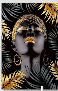 a woman's face with gold jewelry and earrings on top of her head, surrounded by palm leaves