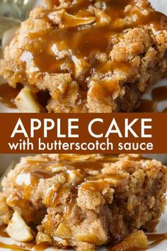 apple cake with butterscotch sauce on top