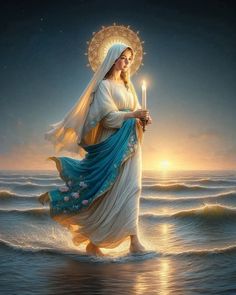 a painting of a woman holding a candle in the ocean