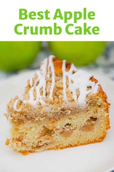 a piece of apple crumb cake on a white plate with the title above it