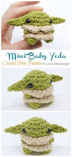 crochet baby yoda toy is shown in three different pictures