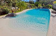 an empty pool surrounded by palm trees and rocks