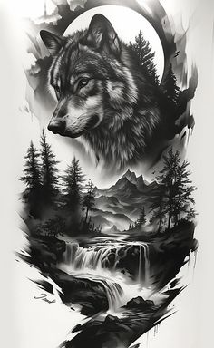 a wolf and waterfall tattoo on the back of a man's arm, with mountains in