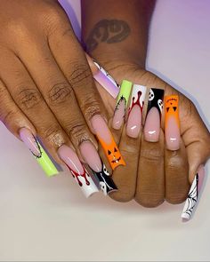 Acrylic French, Holloween Nails, Spooky Nails, Halloween Acrylic Nails, Y2k Winter, Girly Acrylic Nails