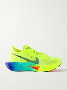 NIKE RUNNING ZoomX Vaporfly 3 Flyknit Running Sneakers for Men | MR PORTER Bright Running Shoes, Workout Sneakers, Sneakers For Men, Nike Running, Neon Yellow, Mr Porter, Running Shoes