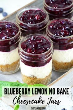 blueberry lemon no bake cheesecake jars on a tray