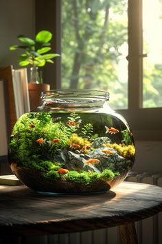 a fish bowl filled with green plants and goldfish in the middle of a table