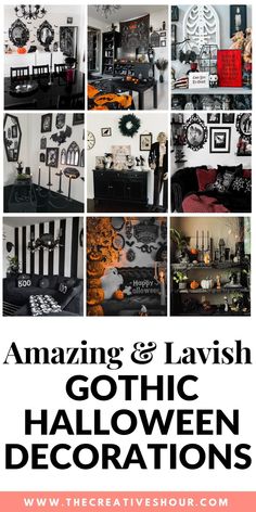 a collage of black and white photos with text that reads amazing & lavish gothic halloween decorations