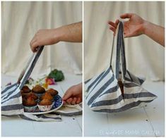 two pictures of a person holding a bag with food in it