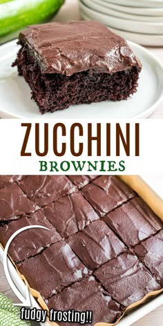 chocolate zucchini brownies on a white plate with the title overlay above it