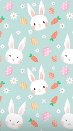 a pattern with rabbits, carrots and daisies on a light blue background for wallpaper