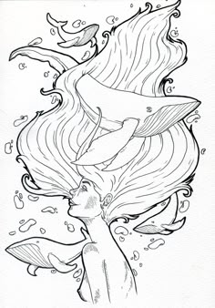 a drawing of a mermaid with her hair blowing in the wind and bubbles coming out of it