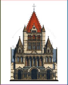 an architectural drawing of a building with a red roof and steeple on the top