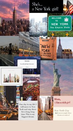 the new york city skyline is shown in this collage with many different pictures and words