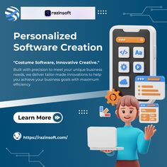 a person holding a laptop in front of a screen with the words personalized software creation