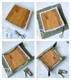 four pictures showing how to make a wooden tray with shears and fabric trim around the edges