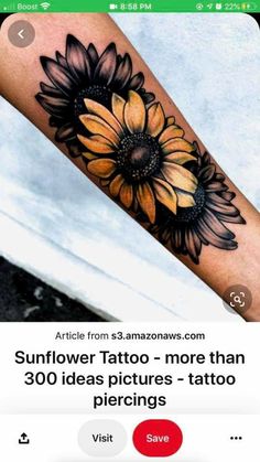 a sunflower tattoo on someone's arm with the words sunflower tattoos more than 30