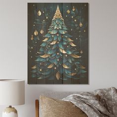 a christmas tree painted on wooden planks in a room with a bed and lamp