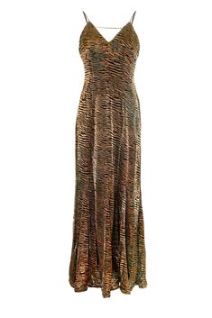 Luxurious stunning brown tiger velvet burnout maxi dress. Featuring a fitted silhouette, delicate spaghetti straps, and a daring open back with intricate strap details, this dress is sure to turn heads. The metallic tiger stripe design adds a touch of glamour to the V-neckline and zip back fastening. Experience the allure and sophistication of this must-have dress. 97% Polyester, 3% Elastane Hand wash Metallic Trousers, Brown Tiger, Velvet Burnout, Dresses Xxl, Halterneck Dress, Pink Mini Dresses, Fitted Silhouette, Dress C, Independent Designers Fashion