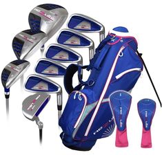 a set of golf clubs and driver's gear including a bag, mallet, club head, tees, and ball markers