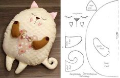 an image of a cat stuffed animal next to the cut out pattern for it's pillow