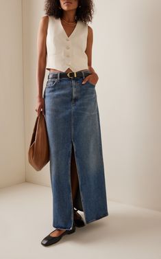 Leif Denim Maxi Skirt By Agolde | Moda Operandi Denim Maxi Skirt Outfit Summer Casual, Classic Denim Skirt, Denim Maxi Skirt Outfit Summer, Long Jean Skirt Outfits Summer, Dc Clothes, Maxi Denim Skirt Outfit, Jeans Skirt Outfit, Long Jean Skirt Outfits, Denim Skirt Maxi