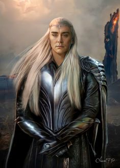 a painting of a man with long white hair wearing armor and holding his arms crossed