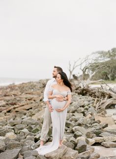 Fine Art Maternity Session | Driftwood Beach | Christine + David | Grey Dress | The Happy Bloom Fine Art Photography | www.thehappybloom.com | Baby Belly | Maternity Posing Cotton Maternity Dress, Maternity Photography Dress, Pregnant Photos, Maternity Photography Props, Maternity Photography Ideas, Photography Dress