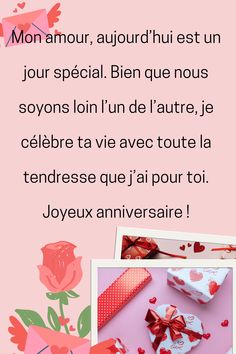 a pink background with red flowers and hearts on it, the words are written in french