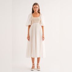 438. Rayna Dress In Natural Off White A-line Midi Dress For Summer, White Mid-length Midi Dress For Summer, White Mid-length Summer Midi Dress, Cream A-line Midi Dress For Garden Party, Off White A-line Midi Dress For Daywear, Cream Mid-length Dress For Brunch, Cream Midi Dress For Summer, Spring Chic Linen Dress With Square Neck, White Mid-length Sundress