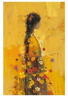 an abstract painting of a woman with flowers in her hair and yellow dress, standing against a yellow background